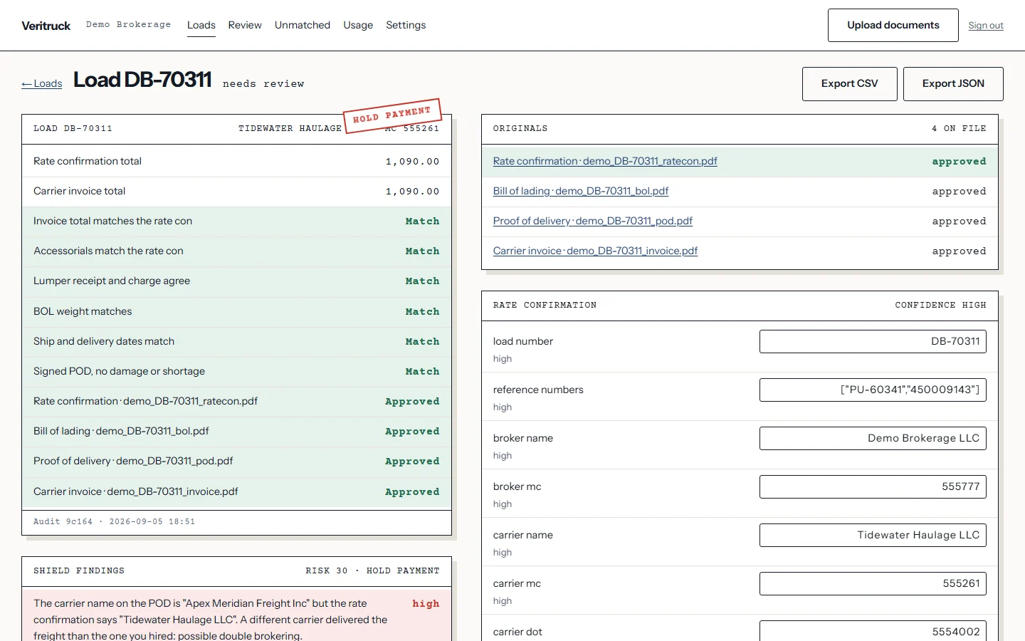 A load on hold in the app: the HOLD PAYMENT stamp and a Shield finding that a different carrier signed the POD