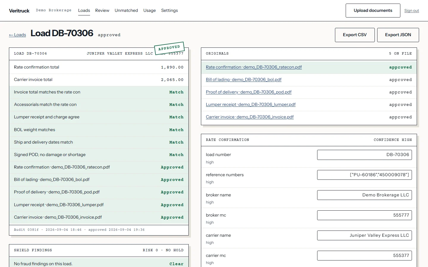 A load in the app with every check matched and its four documents approved, the originals listed beside the extracted fields